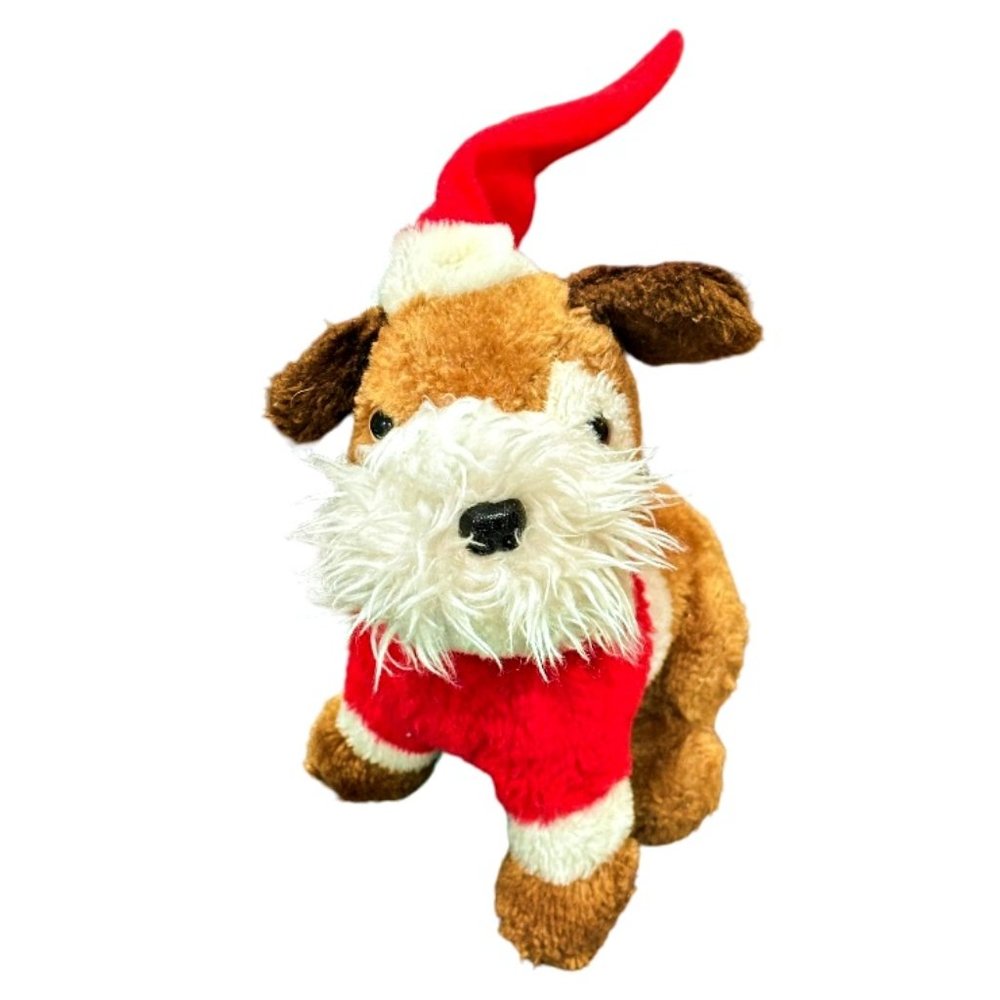 Vintage Wallace Berrie Christmas Plush Dog Stuffed Animal Santa Hat 8 Inch 1980